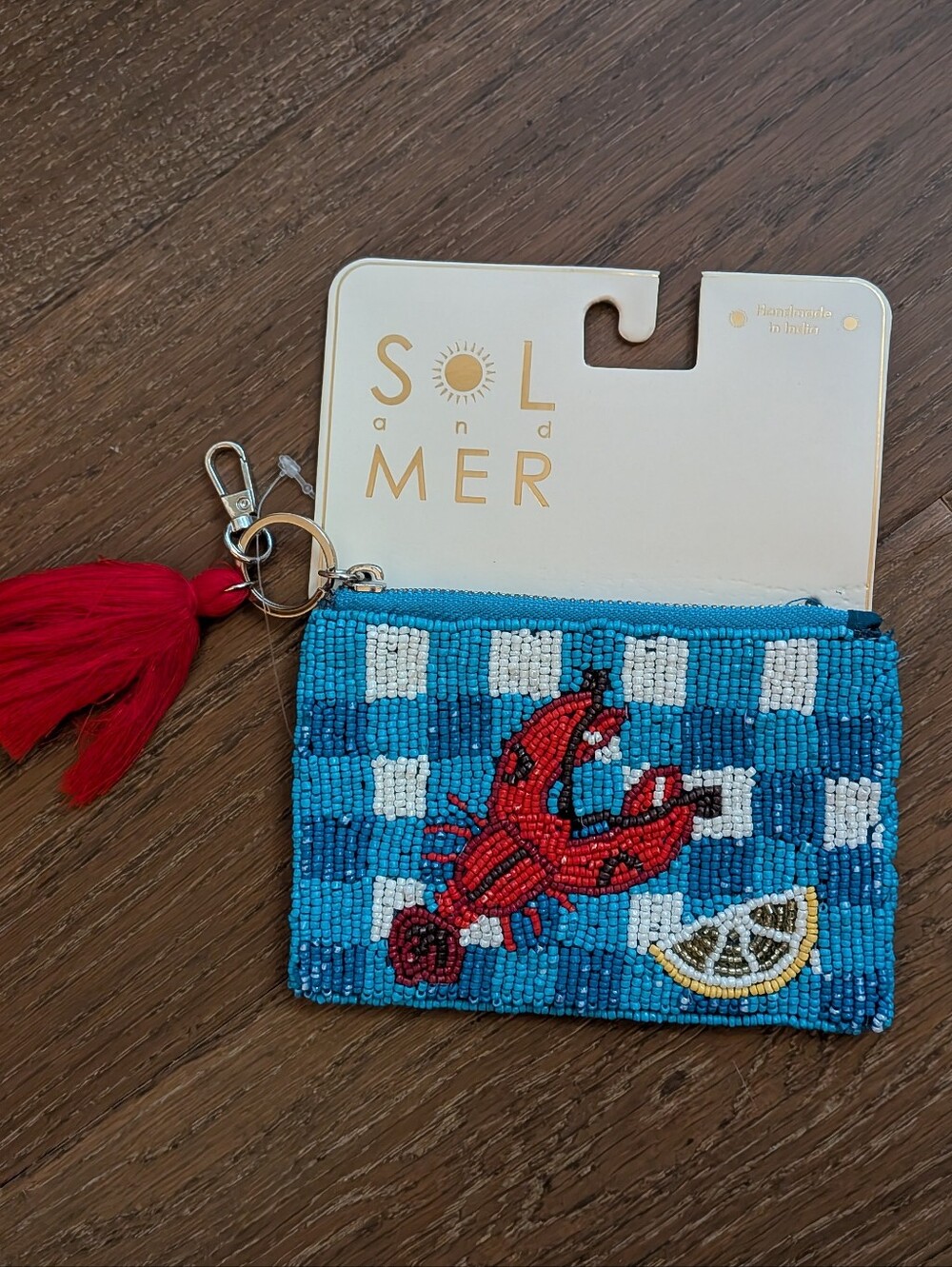 Sol and Mer Blue Gingham Beaded Lobster Coin Pouch with Red Tassel NWT